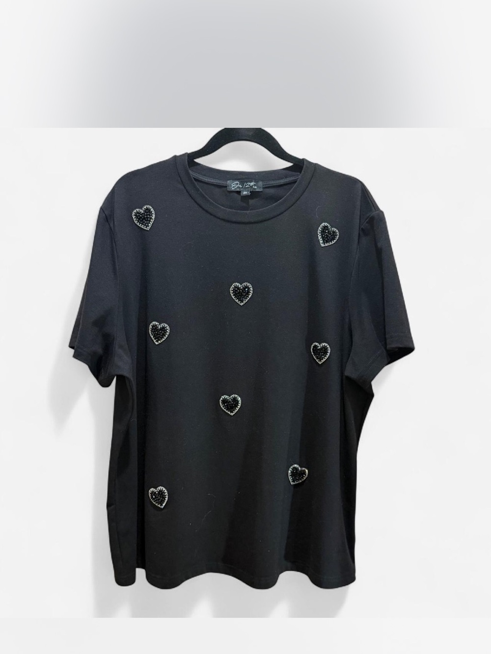 Black Short-Sleeve Tee with Beaded Heart Details 2X